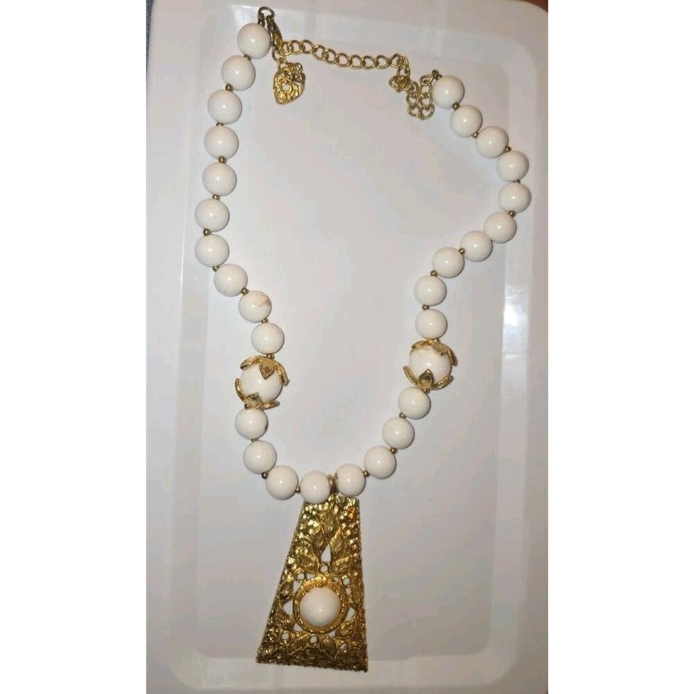 Vintage White Bead Necklace with Gold-Tone Pendant